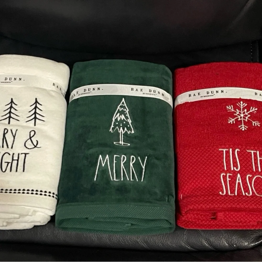 Rae Dunn Red Hand Towels with Snowflake Design